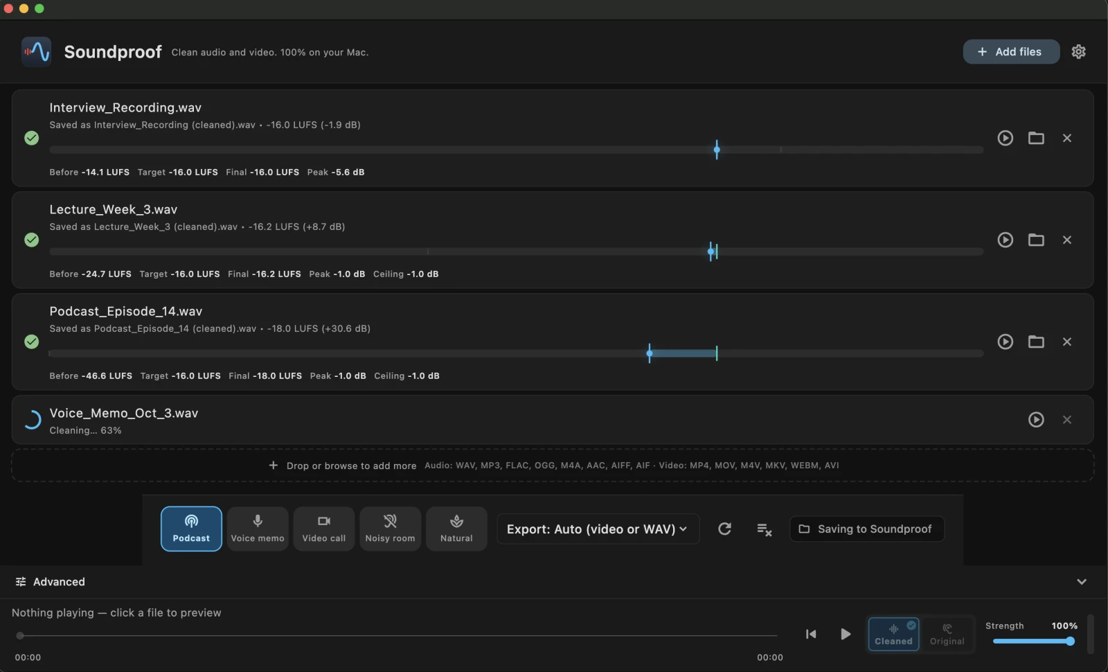 Soundproof cleaning a queue of four recordings on macOS